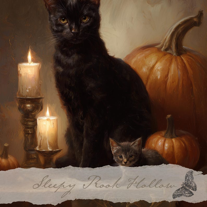 Cat Familiars | Witchy Printable Art, Halloween Decoration, Dark Autumn Wall Decor, Moody Fall Pumpkin Painting, Victorian Gothic Print image 2
