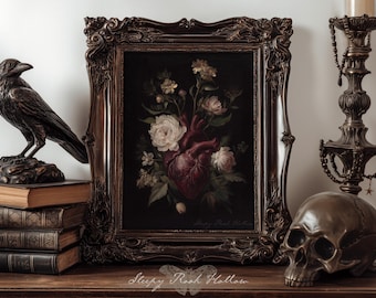Anatomical Heart | Printable Wall Art, Botanical Gothic Room Decor, Witchy Cottagecore Print, Moody Floral Painting, Dark Aesthetic Nook