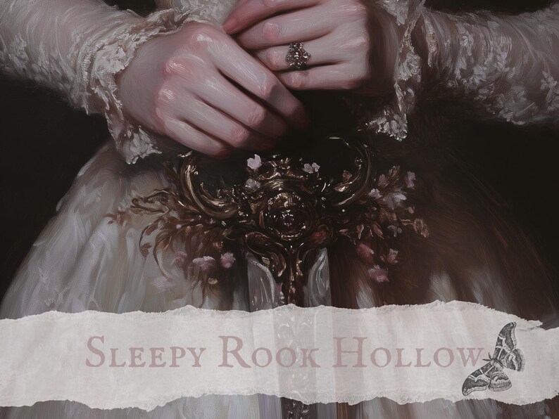 K&ouml;nnte beinhalten: Die H&auml;nde einer Frau halten ein dekoratives, verziertes, goldfarbenes Schwert mit floralen Akzenten. Das Schwert ist teilweise von einem wei&szlig;en Spitzen&auml;rmel verdeckt. Der Text "SLEEPY ROOK HOLLOW" ist am unteren Rand des Bildes sichtbar.