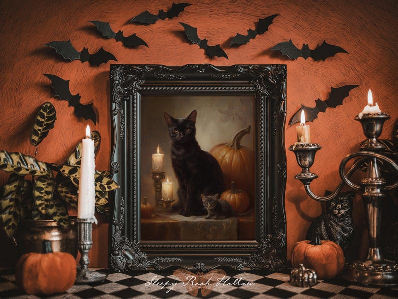Cat Familiars | Witchy Printable Art, Halloween Decoration, Dark Autumn Wall Decor, Moody Fall Pumpkin Painting, Victorian Gothic Print image 8
