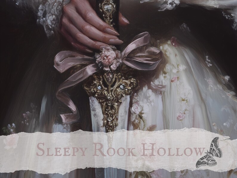 May include: A hand holding a gold and jeweled sword with a pink ribbon and a flower. The sword is surrounded by a white fabric with floral embroidery. The text "SLEEPY ROOK HOLLOW" is visible at the bottom of the image.