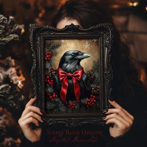 Jolly Raven | Printable Wall Art, Gothic Christmas Decoration, Dark Academia Holiday Decor, Cottagecore Print, Vintage Rustic Oil Painting