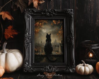 Black Cat | Printable Halloween Decoration, Moody Autumn Print, Dark Academia Fall Art, Witchy Aesthetic Wall Decor, Moon Lover Painting