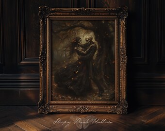 May include: Ornate framed artwork featuring a skeletal couple embracing in a dark forest setting. The painting has a vintage aesthetic with a warm color palette. The frame is a detailed gold color. The text "Sleepy Rook Hollow" is at the bottom.