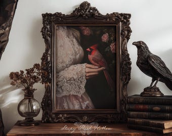 Red Cardinal | Printable Wall Art, Moody Vintage Aesthetic Print, Cottagecore Decor, Dark Victorian Romantic Painting, Floral Bird Poster