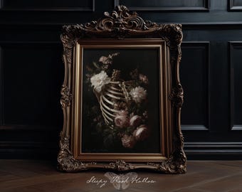 Floraler Brustkorb | Stimmungsvolle druckbare Wandkunst, Gothic botanische Raumdekoration, Memento Mori Dekor, Dark Academia Print, makaberes Ölgemälde