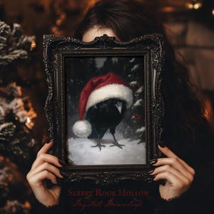 Christmas Nevermore | PRINTABLE Wall Art, Christmas Decoration, Moody Winter Holiday Decor, Funny Gothic Print, Witchy Raven Oil Painting