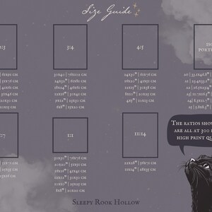 May include: A size guide chart with various aspect ratios, including 2:3, 3:4, 4:5, 5:7, 1:1, and 11:14, with corresponding inch and centimeter measurements. A black cat looks up at the text bubble. The text reads "The ratios shown here are all at 300 DPI for high print quality."