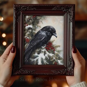 Snowy Raven | Printable Wall Art, Christmas Decoration, Moody Winter Aesthetic Print, Dark Academia Decor, Gothic Holiday Bird Painting