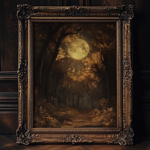 Arte de pared imprimible con luna dorada de otoño y melancólico, impresión de otoño de Dark Academia, decoración de bosque de Whimsigoth (descarga digital)