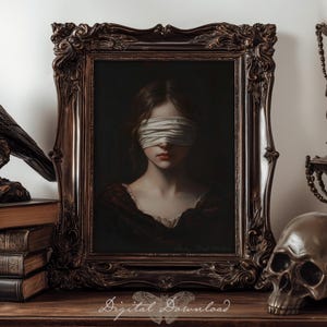 Arte murale stampabile Moody, stampa Dark Academia, ritratto vittoriano inquietante, arredamento gotico, dipinto a olio estetica macabra