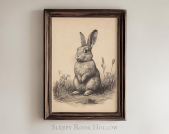 Cute Bunny Sketch | Vintage Farmhouse Nursery Art, Rabbit Drawing Printable, Minimalist Aesthetic Print, Rustic Neutral Easter Wall Decor