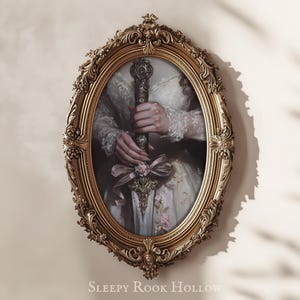 May include: A gold oval frame with ornate detailing surrounds a painting of a person holding a sword with a floral design. The person is wearing a white dress with lace and floral patterns. The text "SLEEPY ROOK HOLLOW" is at the bottom of the image.