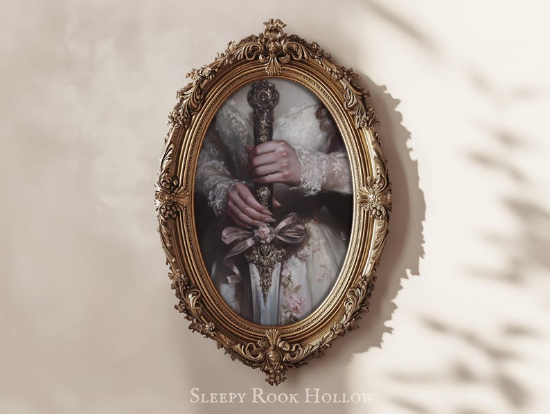 May include: A gold oval frame with ornate detailing surrounds a painting of a person holding a sword with a floral design. The person is wearing a white dress with lace and floral patterns. The text "SLEEPY ROOK HOLLOW" is at the bottom of the image.