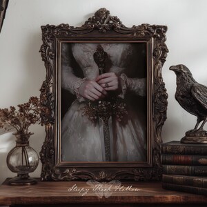 Blumenschwert | Druckbare Kunst, Kokette Raumdekor, Victorian Dark Academia Print, Stimmungsvolle Vintage Ästhetik, Barock Gemälde Bild 3