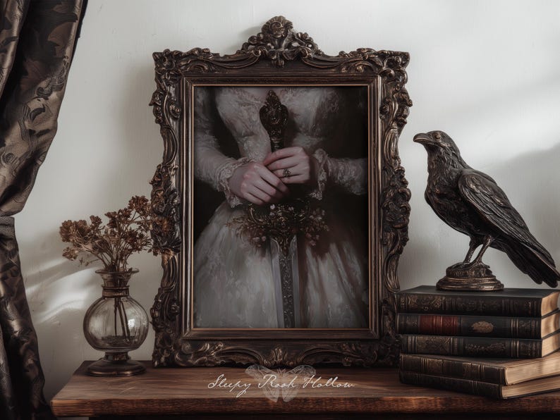 Blumenschwert | Druckbare Kunst, Kokette Raumdekor, Victorian Dark Academia Print, Stimmungsvolle Vintage Ästhetik, Barock Gemälde Bild 3