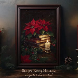 Weihnachtsstern & Bücher | Druckbare Kunst, Weihnachtsdekoration, Dark Academia Druck, Stimmungsvolle Winterurlaub Dekoration, Bücherwurm Ölgemälde