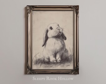 Cute Bunny Sketch | PRINTABLE Wall Art, Vintage Farmhouse Nursery Rabbit Drawing, Minimalist Aesthetic Print, Rustic Neutral Easter Decor