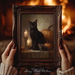 Cat Familiars | Witchy Printable Art, Halloween Decoration, Dark Autumn Wall Decor, Moody Fall Pumpkin Painting, Victorian Gothic Print image 1