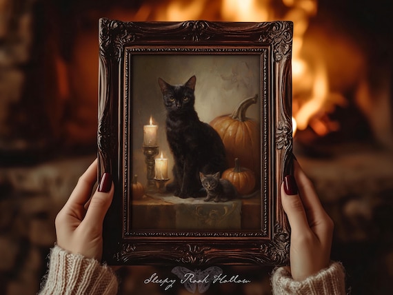 Cat Familiars | Witchy Printable Art, Halloween Decoration, Dark Autumn Wall Decor, Moody Fall Pumpkin Painting, Victorian Gothic Print