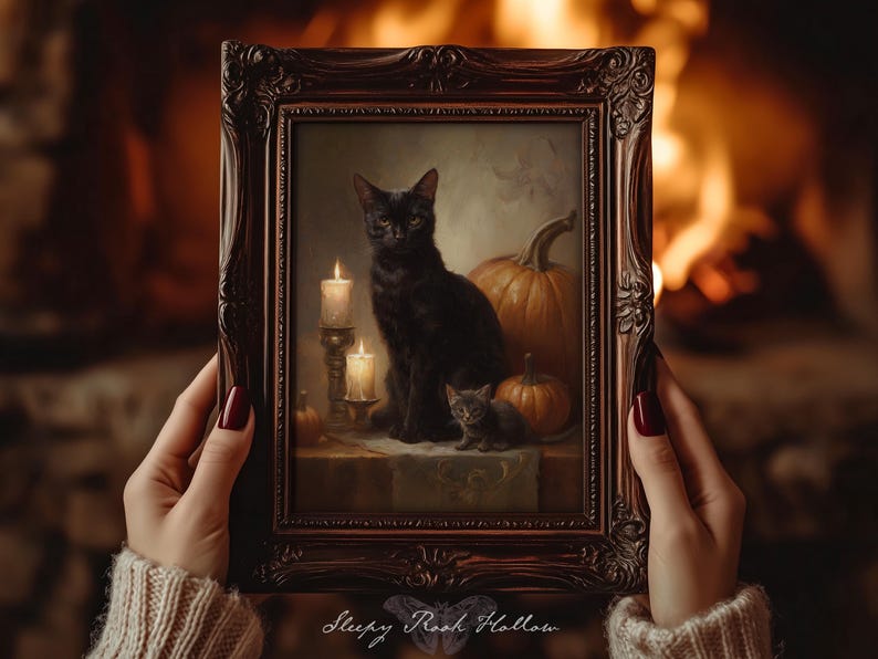 Cat Familiars | Witchy Printable Art, Halloween Decoration, Dark Autumn Wall Decor, Moody Fall Pumpkin Painting, Victorian Gothic Print image 1