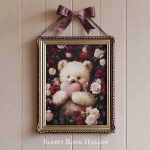 Teddy Bear & Roses | PRINTABLE Wall Art, Coquette Room Decor, Lovely Moody Print, Vintage Aesthetic, Floral Heart Painting, Nursery Gift