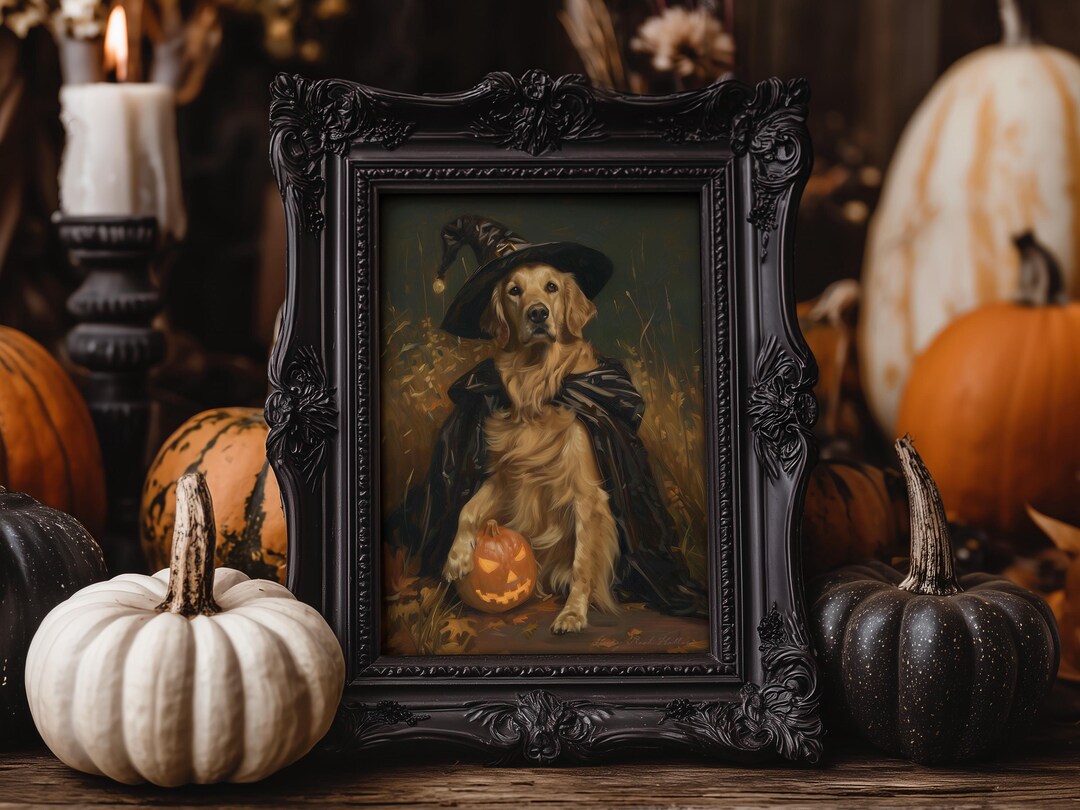 Golden Retriever | Printable Halloween Wall Art, Moody Fall Witch Print ...