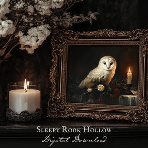 Owl & Roses | PRINTABLE Wall Art, Dark Academia Print, Moody Cottagecore Decor, Vintage Victorian Gothic Aesthetic, Floral Bird Oil Painting