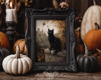 chaton noir | Art à imprimer sorcière, décoration d'halloween, esthétique médiévale, imprimé automne maussade, décoration murale cottagecore, tableau pour amoureux des chats