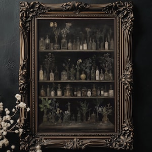 May include: A framed print featuring a dark, antique-style cabinet filled with various glass bottles and vases, each containing dried flowers and herbs. The frame is ornate with a dark bronze finish, set against a dark background.