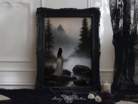 Mist Maiden | Moody Printable Wall Art, Castlecore Aesthetic, Medieval Room Decor, Reading Nook Print, Whimsigoth Painting, Gothic Fantasy
