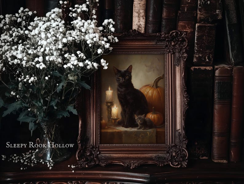 Cat Familiars | Witchy Printable Art, Halloween Decoration, Dark Autumn Wall Decor, Moody Fall Pumpkin Painting, Victorian Gothic Print image 6