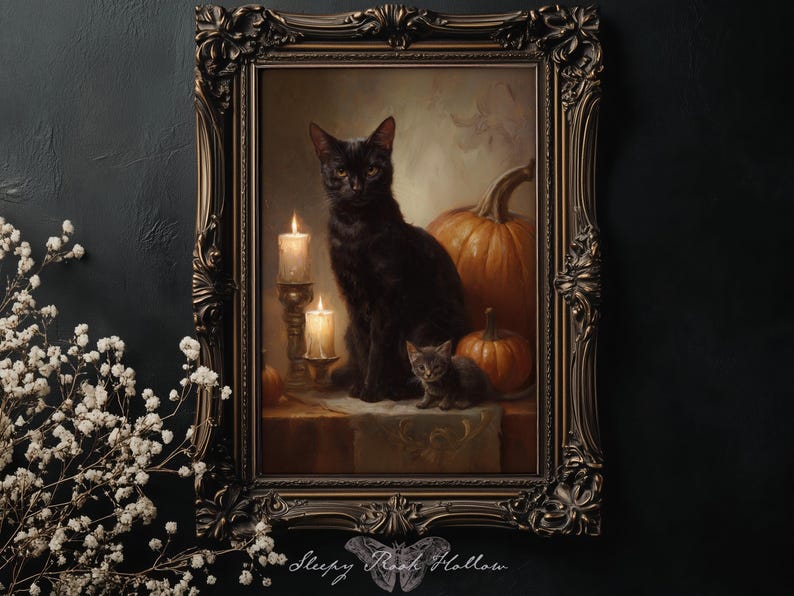 May include: A framed vintage-style painting featuring a black cat and kitten, pumpkins, and lit candles. The artwork has a dark, gothic aesthetic, with a decorative, ornate frame. The painting is set against a dark background.