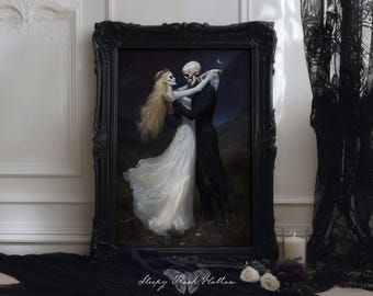 Amantes macabros / Arte gótico imprimible, decoración de pared de romance oscuro, estética caprichosa gótica, lámina gótica romántica, pintura de esqueleto de cuento de hadas