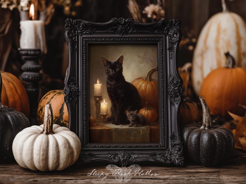 Cat Familiars | Witchy Printable Art, Halloween Decoration, Dark Autumn Wall Decor, Moody Fall Pumpkin Painting, Victorian Gothic Print image 4