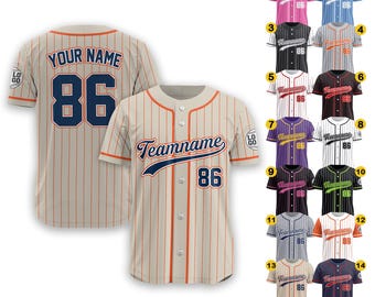 Camisa de beisebol personalizada com listras e nome do time, número e logotipo, camisa para mulheres, homens, jovens e crianças, presentes para amantes de beisebol, camisas de casal