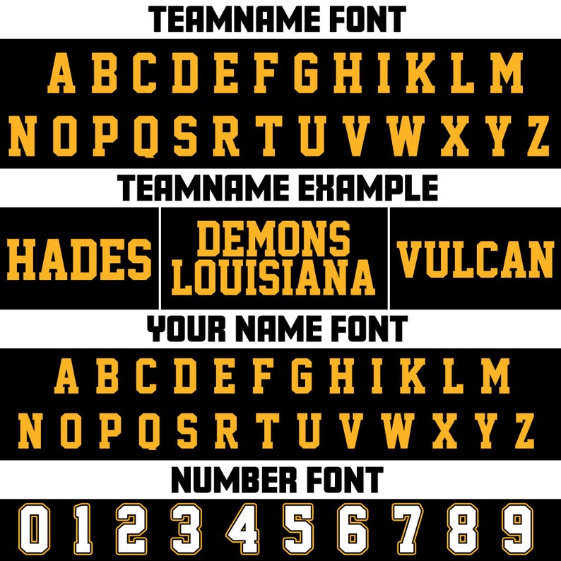 Pu&ograve; includere: Una grafica nera e oro con esempi di caratteri per nomi di squadre, esempi di nomi di squadre e caratteri numerici. Il testo include l'alfabeto, i numeri 0-9 e nomi di squadre come "Hades", "Demons Louisiana" e "Vulcan".