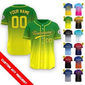 May include: A customizable baseball jersey with a green and yellow gradient design. The jersey has a white button-up front, a yellow collar, and a yellow number "00" on the front. The text "Teamname" is written in a yellow cursive font above the number. The jersey has a small logo on the left sleeve. The jersey is shown in 12 different color variations.