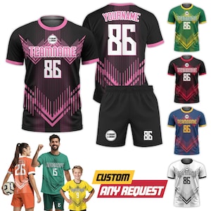 May include: A collection of custom soccer jerseys and shorts in various colors, including black, green, red, blue, and white. Each jersey features a team name, number 86, and a logo. The image also shows people wearing similar jerseys.