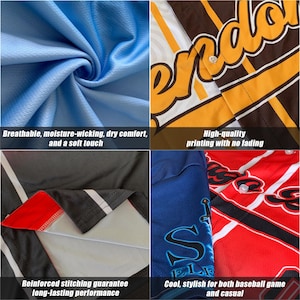 May include: Close-up of a baseball jersey with a black, white, and red striped pattern. The jersey has reinforced stitching and a breathable, moisture-wicking fabric. The text "Cool, stylish for both baseball game and casual" is visible.