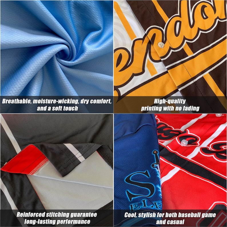May include: Close-up of a baseball jersey with a black, white, and red striped pattern. The jersey has reinforced stitching and a breathable, moisture-wicking fabric. The text "Cool, stylish for both baseball game and casual" is visible.