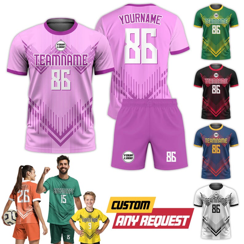 May include: A pink and purple soccer uniform set with the number 86. The set includes a jersey and shorts. Additional jerseys in green, black, blue, and white are also shown. The text "CUSTOM ANY REQUEST" is displayed.