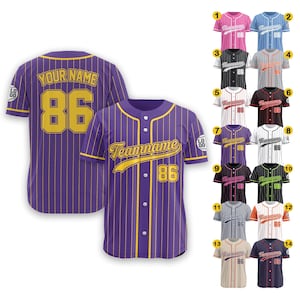 Custom Baseball Jersey With Team Name Number Logo for Adult Preschool Youth Ideal Gifts for Baseball Fan Pinstripe Purple Yellow Jersey