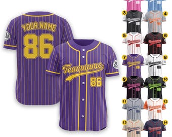 Custom Baseball Jersey With Team Name Number Logo for Adult Preschool Youth Ideal Gifts for Baseball Fan Pinstripe Purple Yellow Jersey