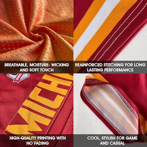 Pu&ograve; includere: Primi piani di una maglia sportiva rossa e arancione. La maglia presenta tessuto traspirante e traspirante, cuciture rinforzate e stampa di alta qualit&agrave;. La maglia ha la scritta "MICH" in giallo e strisce bianche.