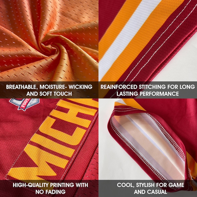 Pu&ograve; includere: Primi piani di una maglia sportiva rossa e arancione. La maglia presenta tessuto traspirante e traspirante, cuciture rinforzate e stampa di alta qualit&agrave;. La maglia ha la scritta "MICH" in giallo e strisce bianche.