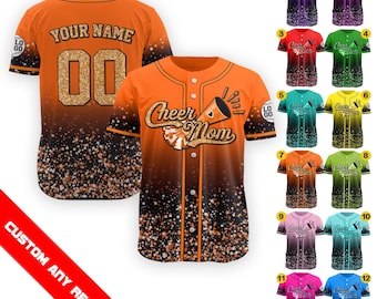 Personalized Cheer Mom Faux Glitter Jersey, Custom Name Number Baseball Jersey, Cheer Competition Outfit Shirt, Cheerleader Gift for Mom