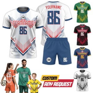 May include: A collection of customizable soccer jerseys and shorts in various colors, including white, green, black, blue, and yellow. Each jersey features a team name, number 86, and the option for a custom logo. The image also includes the text "CUSTOM ANY REQUEST".
