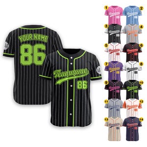Custom Baseball Jersey Shirt With Team Name Number Logo for Adult Preschool Youth Ideal Gifts for Baseball Fan Pinstripe Black Green Jersey