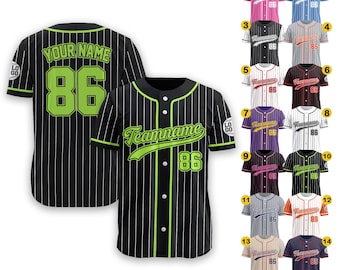 Custom Baseball Jersey Shirt With Team Name Number Logo for Adult Preschool Youth Ideal Gifts for Baseball Fan Pinstripe Black Green Jersey